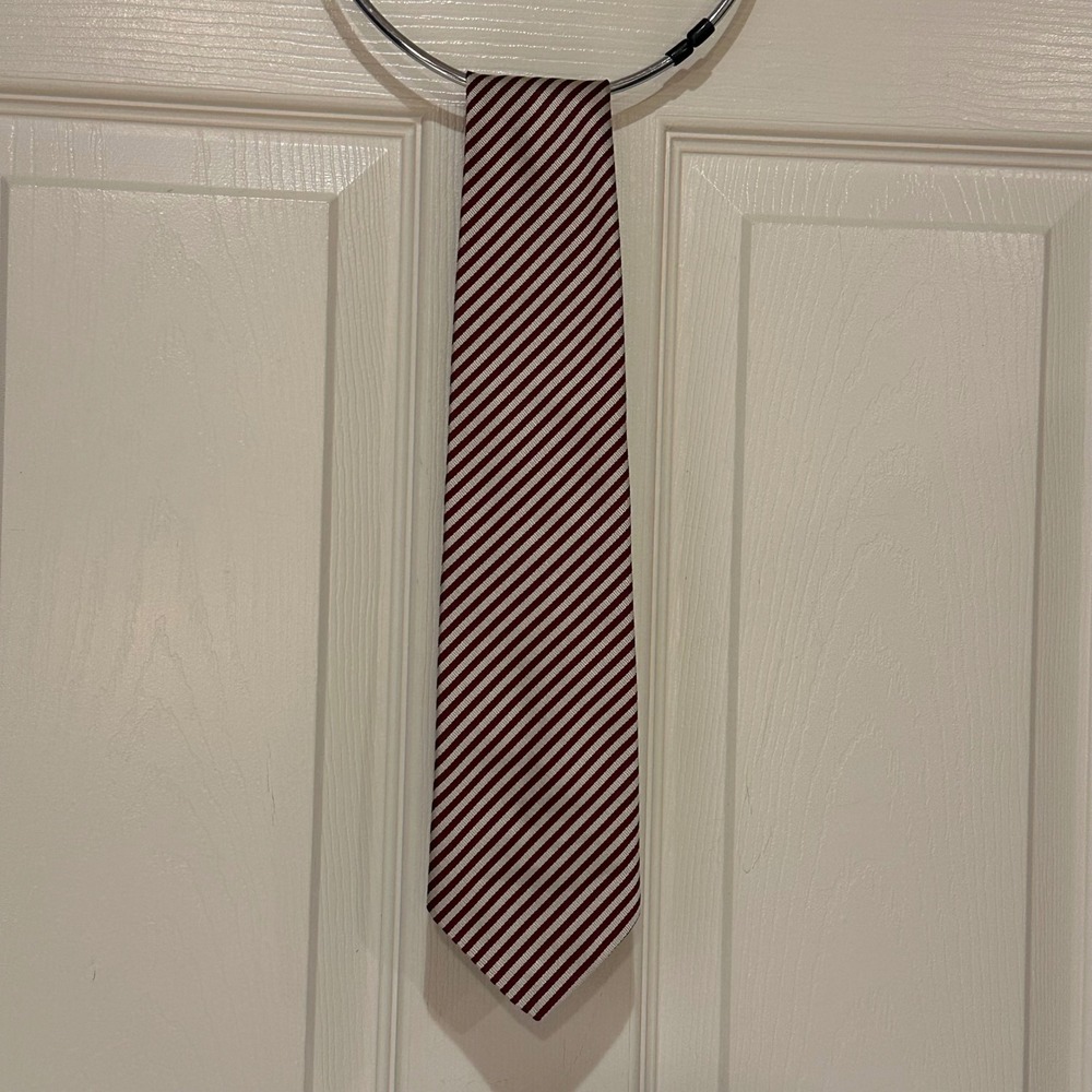 J.Crew Mens Silk Necktie Burgundy Silver White Diagonal Striped Classic Tie
